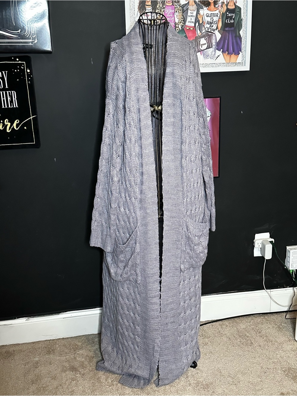 Ashley Stewart Long Open-Front Cable Knit Cardigan - Light Purple